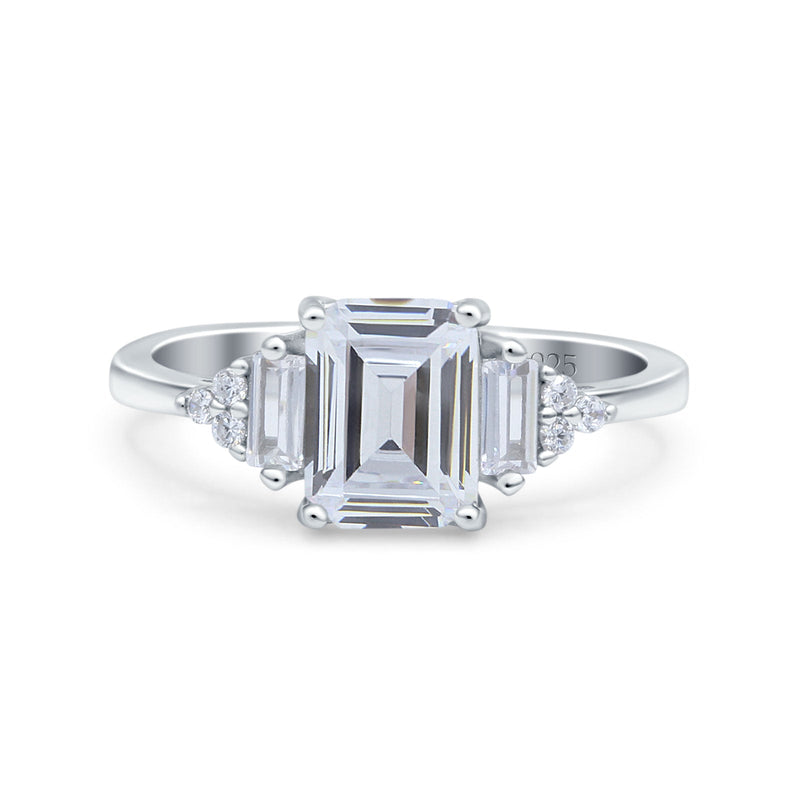 Emerald Cut Art Deco Bridal Wedding Engagement Ring Baguette Simulated Cubic Zirconia 925 Sterling Silver