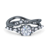 Two Piece Vintage Style Art Deco Engagement Bridal Set Ring Band Round Simulated Cubic Zirconia 925 Sterling Silver