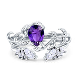 Art Deco Teardrop Pear Leaf Design Wedding Two Piece Ring Simulated Cubic Zirconia Stones 925 Sterling Silver