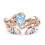 Art Deco Teardrop Pear Leaf Design Wedding Two Piece Ring Simulated Cubic Zirconia Stones 925 Sterling Silver