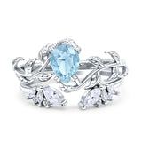 Art Deco Teardrop Pear Leaf Design Wedding Two Piece Ring Simulated Cubic Zirconia Stones 925 Sterling Silver