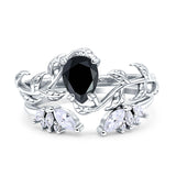Art Deco Teardrop Pear Leaf Design Wedding Two Piece Ring Simulated Cubic Zirconia Stones 925 Sterling Silver