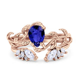 Art Deco Teardrop Pear Leaf Design Wedding Two Piece Ring Simulated Cubic Zirconia Stones 925 Sterling Silver