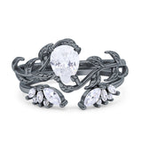 Art Deco Teardrop Pear Leaf Design Wedding Two Piece Ring Simulated Cubic Zirconia Stones 925 Sterling Silver