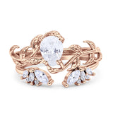 Art Deco Teardrop Pear Leaf Design Wedding Two Piece Ring Simulated Cubic Zirconia Stones 925 Sterling Silver