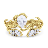 Art Deco Teardrop Pear Leaf Design Wedding Two Piece Ring Simulated Cubic Zirconia Stones 925 Sterling Silver