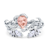 Art Deco Teardrop Pear Leaf Design Wedding Two Piece Ring Simulated Cubic Zirconia Stones 925 Sterling Silver