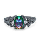 Leaf Oval Vintage Engagement Ring Black tone Rainbow Stone
