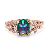 Leaf Oval Vintage Engagement Ring Rose tone Rainbow Stone