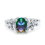 Leaf Oval Vintage Engagement Ring Silver tone Rainbow Stone