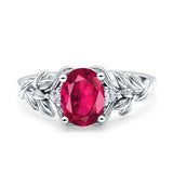 Leaf Oval Vintage Engagement Ring Silver tone Ruby Stone