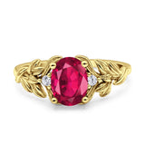 Leaf Oval Vintage Engagement Ring yellow tone Ruby Stone