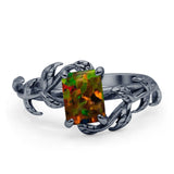 Art Deco Engagement Ring Natural Leaf Design Emerald Cut Cubic Zirconia 925 Sterling Silver