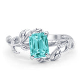 Art Deco Engagement Ring Natural Leaf Design Emerald Cut Cubic Zirconia 925 Sterling Silver