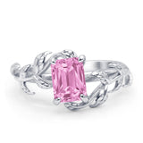 Art Deco Engagement Ring Natural Leaf Design Emerald Cut Cubic Zirconia 925 Sterling Silver