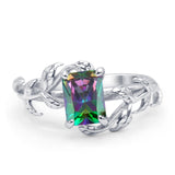 Art Deco Engagement Ring Natural Leaf Design Emerald Cut Cubic Zirconia 925 Sterling Silver