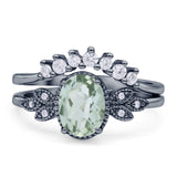 Vintage Oval Natural Green Amethyst Art Deco Bridal Set Engagement Ring
