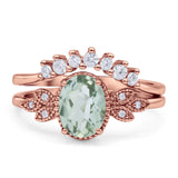 Vintage Oval Natural Green Amethyst Art Deco Bridal Set Engagement Ring