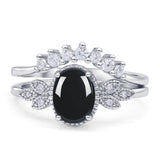 Vintage Oval Natural Black Onyx Art Deco Bridal Set Engagement Ring