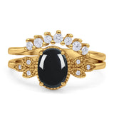 Vintage Oval Natural Black Onyx Art Deco Bridal Set Engagement Ring