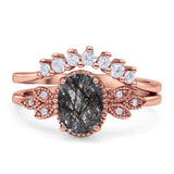 Vintage Oval Natural Rutilated Quartz Art Deco Bridal Set Engagement Ring