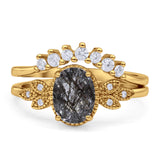 Vintage Oval Natural Rutilated Quartz Art Deco Bridal Set Engagement Ring