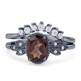 Vintage Oval Natural Smoky Quartz Art Deco Bridal Set Engagement Ring