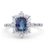 Art Deco Oval Lab Alexandrite Halo Ballerina Style Engagement Ring