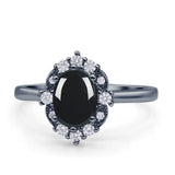 Halo Ballerina Style Oval Natural Black Onyx Solitaire Engagement Ring