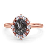 Halo Ballerina Style Oval Natural Rutilated Quartz Solitaire Engagement Ring