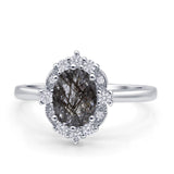 Halo Ballerina Style Oval Natural Rutilated Quartz Solitaire Engagement Ring