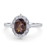 Halo Ballerina Style Oval Natural Smoky Quartz Solitaire Engagement Ring
