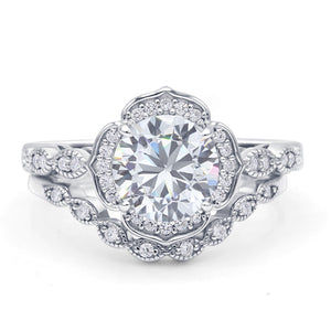 Round Floral Bridal Set Piece Vintage Style Engagement Ring Cubic Zirconia 925 Sterling Silver