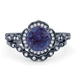Vintage Style Round Lab Alexandrite Floral Bridal Set Engagement Ring