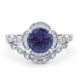 Vintage Style Round Lab Alexandrite Floral Bridal Set Engagement Ring
