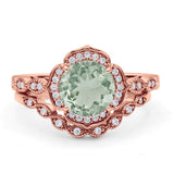 Vintage Style Round Natural Green Amethyst Floral Bridal Set Engagement Ring