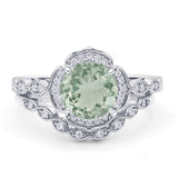Vintage Style Round Natural Green Amethyst Floral Bridal Set Engagement Ring