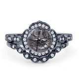 Vintage Style Round Natural Rutilated Quartz Floral Bridal Set Engagement Ring