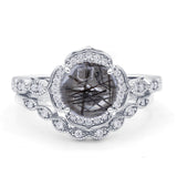 Vintage Style Round Natural Rutilated Quartz Floral Bridal Set Engagement Ring