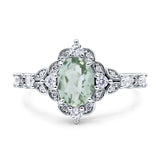 Halo Art Deco Oval Natural Green Amethyst Prasiolite Engagement Ring