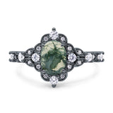 Halo Art Deco Oval Natural Green Moss Agate Engagement Ring