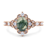 Halo Art Deco Oval Natural Green Moss Agate Engagement Ring
