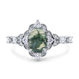 Halo Art Deco Oval Natural Green Moss Agate Engagement Ring