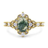 Halo Art Deco Oval Natural Green Moss Agate Engagement Ring