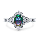 Vintage Inspired Art Deco Oval Engagement Ring Simulated Cubic Zirconia 925 Sterling Silver