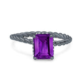 Vintage Twisted Band Emerald Cut Engagement Ring Simulated Cubic Zirconia 925 Sterling Silver