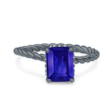 Vintage Twisted Band Emerald Cut Engagement Ring Simulated Cubic Zirconia 925 Sterling Silver