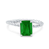 Vintage Twisted Band Emerald Cut Engagement Ring Simulated Cubic Zirconia 925 Sterling Silver