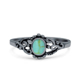 Petite Dainty Vintage Style Round Simulated Turquoise Black Onyx Ring Solid Oxidized 925 Sterling Silver