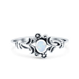 Vintage Style Petite Dainty Lab Opal Ring Solid Round Oxidized 925 Sterling Silver